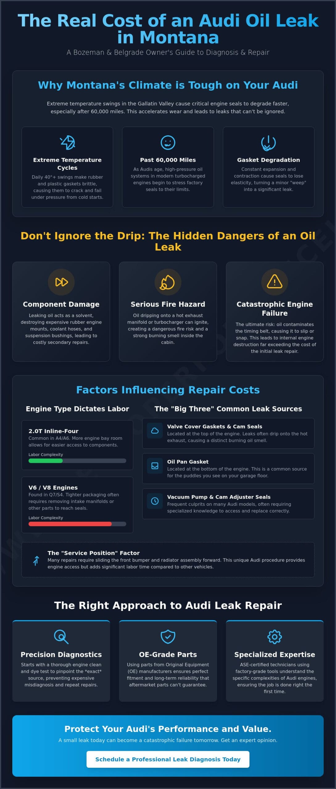 Cost to Repair Audi Oil Leak in Bozeman: A Specialist’s 2026 Price Guide